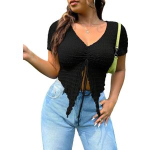 OYOANGLE Women's Plus Size Drawstring Front Lettuce Trim Asymmetrical Hem Tee V Neck Short Sleeve Tops Black, 4XL