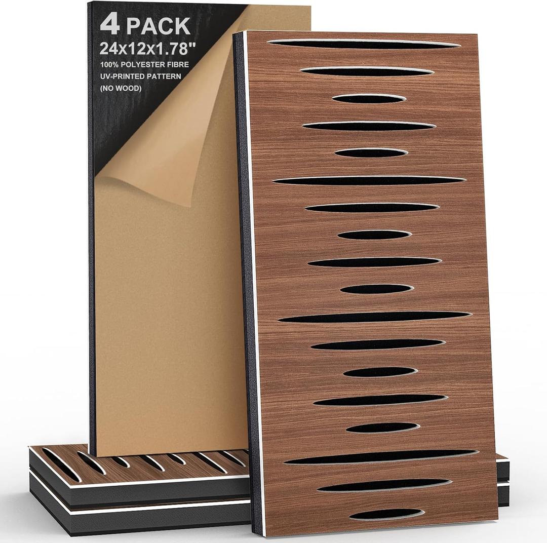 4Pack Acoustic Wall Panel Self-Adhesive Soundproof Foam Panels for Wall, 3D Perforated Tri-Layer Polyester Fiber Decorative Acoustic Insulation for Recording Studio, 24121.78", Elliptical-Line (Dark Walnut Grain)