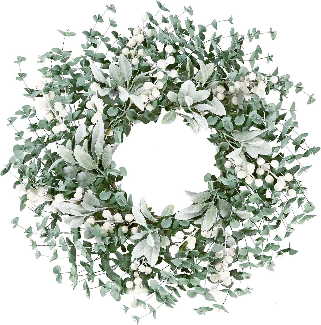Sggvecsy Artificial Greenery Leaves Wreath for Front Door 22 Inch Greenery Boxwood Wreath with Flocked Lambs Ear White Berries for Spring Summer Farmhouse Wall Home Indoor Outdoor Decor