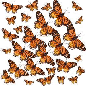 Ysleen 120 Pcs 3D Feather Monarch Butterfly Decor 4 Size Butterfly Wall Decorations Fake Artificial Stickers for Craft Home Wall Wedding Party Supplies (Orange)