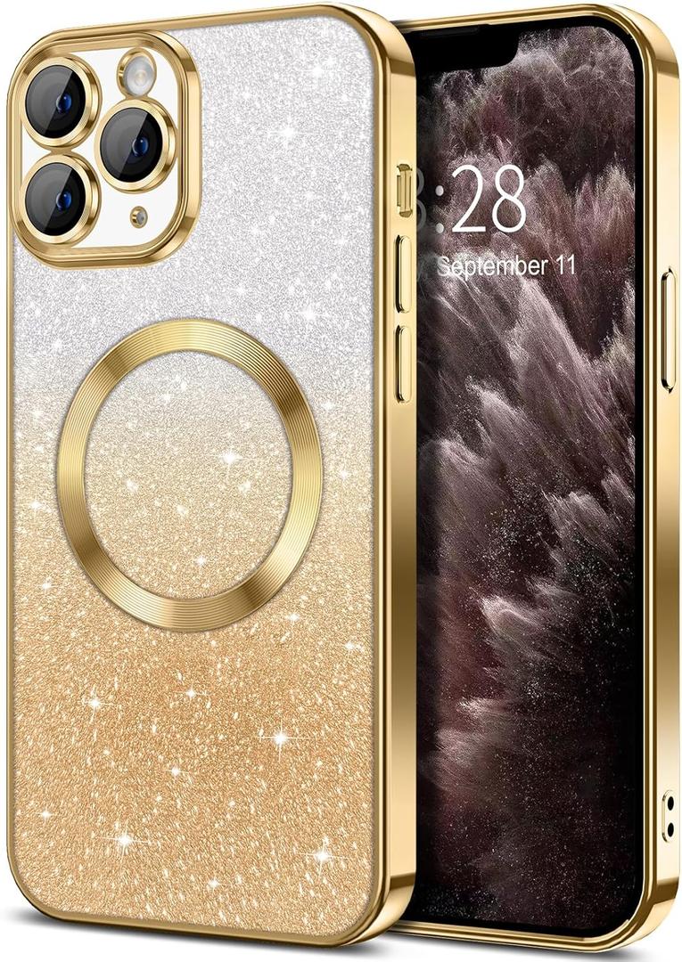 Hython for iPhone 11 Pro Max Case Clear Magnetic Glitter Phone Cases [Compatible with MagSafe] Full Camera Lens Protector Slim Gradient Sparkle Luxury Plating Shockproof Protective Cover Women, Gold