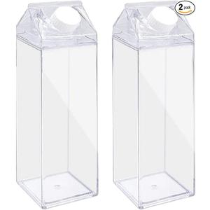 Milk Carton Water Bottle Reusable 2 PCS 17oz Clear Plastic Milk Box BPA Free Leakproof Milk Carton Cups Portable Square Juice Bottle Shaped Container Juice Tea Jug for Outdoor Sports Travel Camping