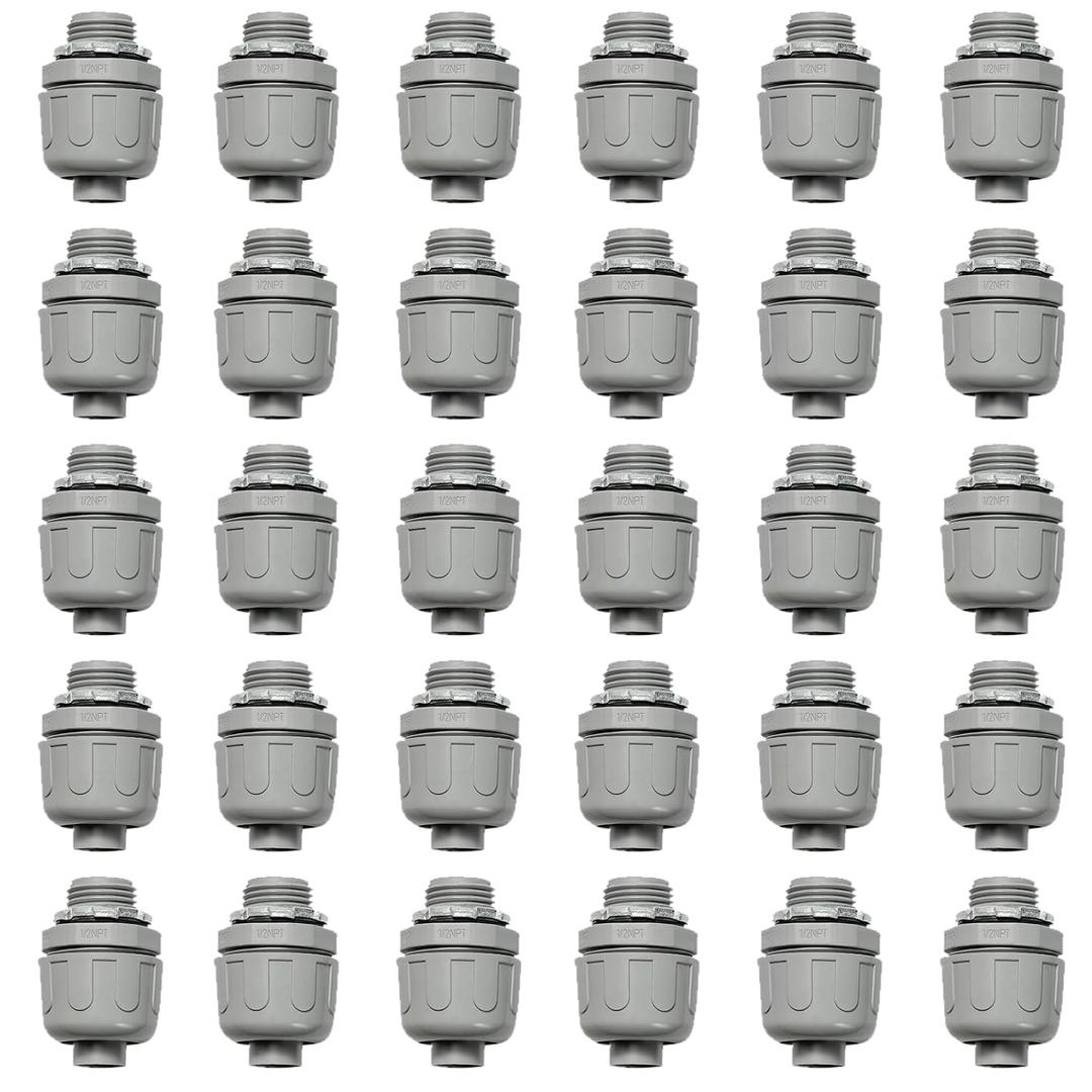 Conduit Connectors, 1/2 Inch Liquid Tight Connector NPT Non-Metallic for PVC Electrical Flexible Conduit Fittings, 180 Degree Straight, UL Listed for Home Outdoor Tubes Tools, Grey (30-Pack)