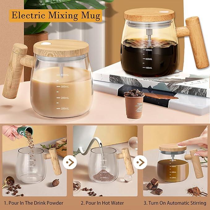 Self Stirring Mug, Electric Mixing Cup Self Stirring Coffee Mug 400ML High Borosilicate Glass Mixing Coffee Mug Rotating Home Office Travel Stirring Cup Suitable for Coffee/Milk/Protein Powder, Transparent