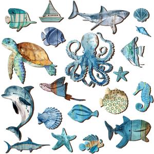 Wesiti 20 Pcs Wooden Fish Wall Decor Beach Decoration Coastal Wall Art Nautical Fish Turtle Seahorse Ocean Walls Art Sea Life Themed Beach Decor for Home Vintage Ornament for Home Bedroom Decoration