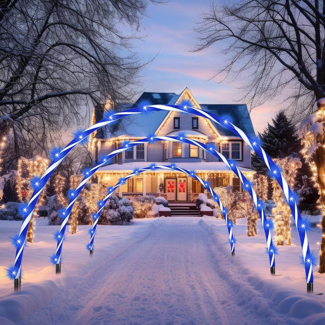 VIHOSE 10ft Christmas Candy Light Arch LED Christmas Outdoor Arches Decor with Flasher Modes Xmas Candy Cane Pathway Markers Lights for Holiday Wedding Yard Lawn Decor(6 Pcs,Blue White Stripe)