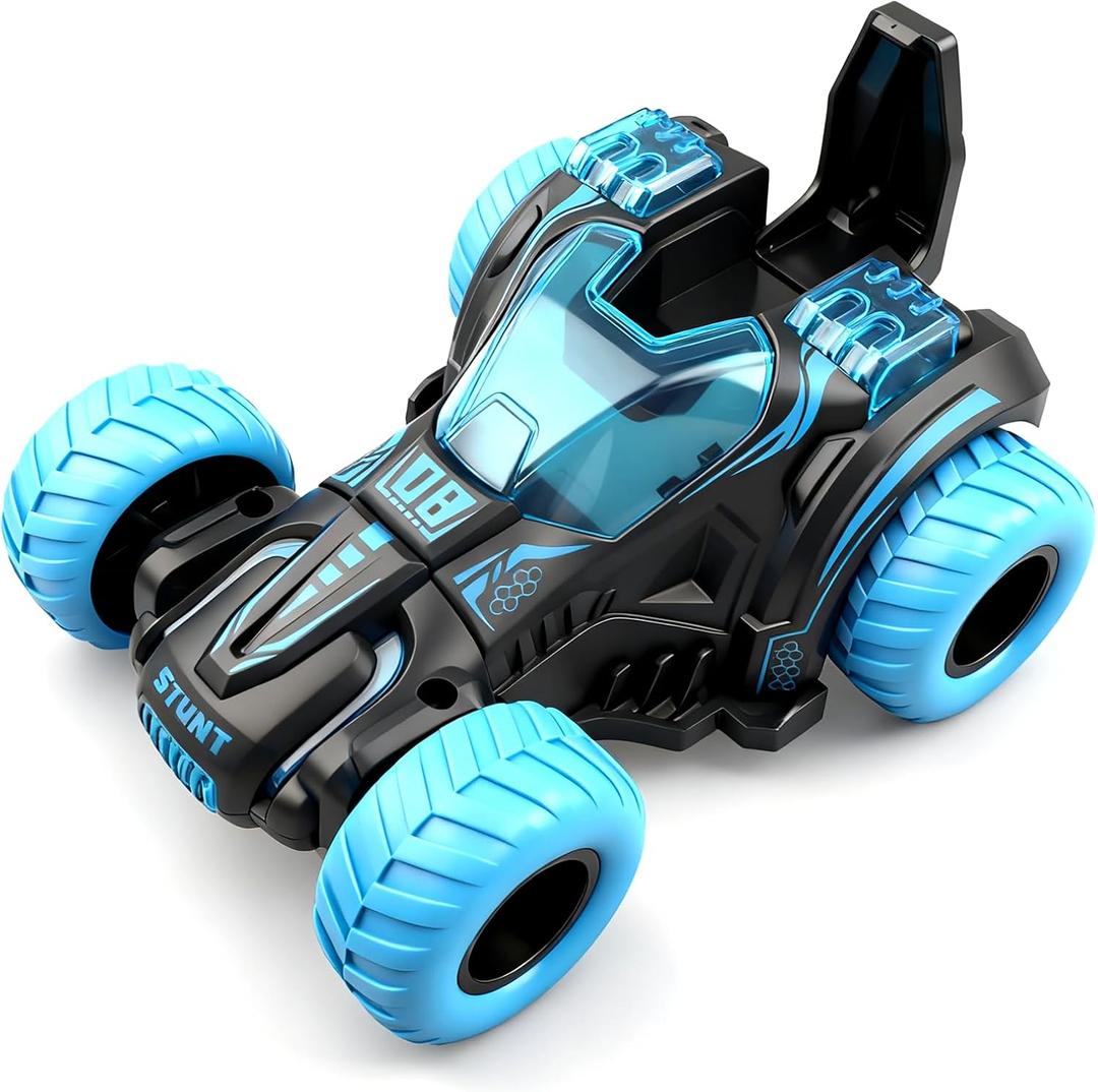 Friction Powered Flip Stunt Car, Push and Go Toy Car with 360 Upright Spin, Dual-Sided Rotating Off-Road Vehicle, No Batteries Required, Toy Car for Boys & Girls Ages 3 (Blue)