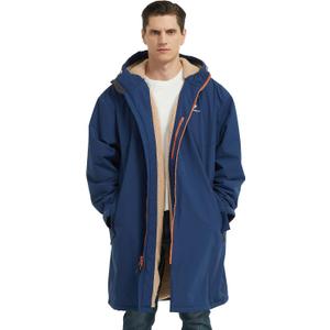 Waterproof Winter Coat, Sherpa Lined Hooded Parka, Windproof Change Robe with 2 Pockets, Long Sleeve (Large, Navy Blue)