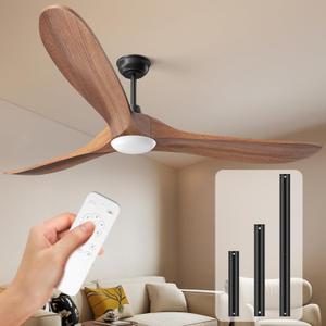 Obabala Ceiling Fans with Lights and Remote, 60 IN Outdoor Ceiling Fan 3 Solid Wood Blades Fan with 3 Downrods for Patios, Modern Ceiling Fan with Noiseless Reversible DC Motor (Solid Wood, 60IN)
