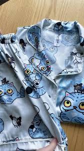 Womens Soft Silky Satin Pajamas Set, Button Down Cooling Loungewear, 2 Pcs Sleep Short Pajamas for Mom and Grandma Girl Group Music Cartoon Small