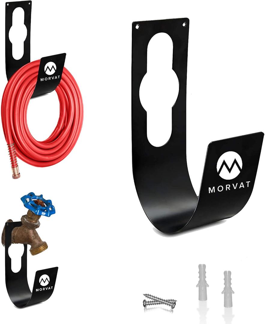 Morvat Premium 100 Ft Hose Hanger with Rust Resistant Metal, Organize Your Garden, Garage & Outdoor Storage Area, Wall Mount Holder or Hang/Hook Over Water Spigot with Included Screws