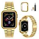 MioHHR Solid Stainless Steel Band Compatible with Apple Watch 38mm(Series 3/2/1) 40mm(Series SE/6/5/4) 41mm(Series 9/8/7) Metal Strap with Soft TPU Case for iWatch Bands for Women and Men, Gold, Size 38/40 mm