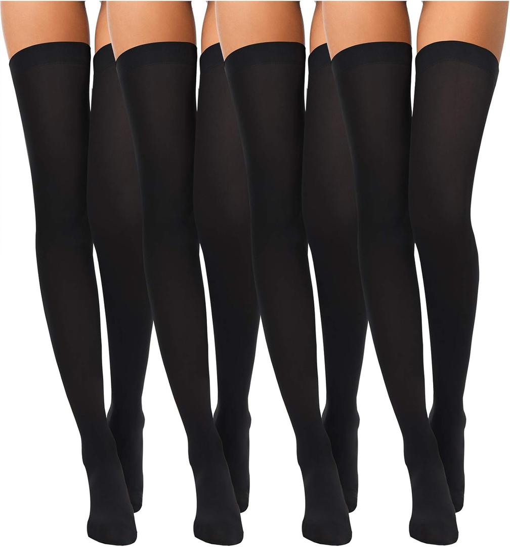 Boao 4 Pairs Women's Silk Thigh High Stockings Sheers Nylon Socks for Women Halloween Cosplay Party Tights Accessory (Large, Black)