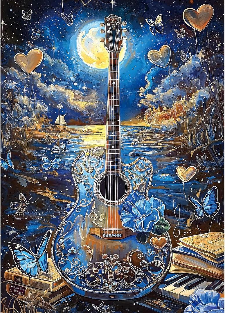 MINIWAN 1000 Piece Jigsaw Puzzles for Adults- Fantasy Guitar Moonlight Puzzle - Blue Night Sky with Butterflies Challenging Puzzles for Gifts Party Games Family Fun, Puzzle Size 27.55 * 19.68 in