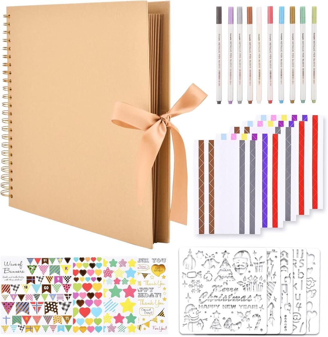 GOTIDEAL 12 x 12 Inch Scrapbook Album with 10 Metallic Markers,80 Pages Craft Paper Photo Album for Wedding and Anniversary, Family DIY Photo Album with Scrapbooking Stickers Corners(Yellow)