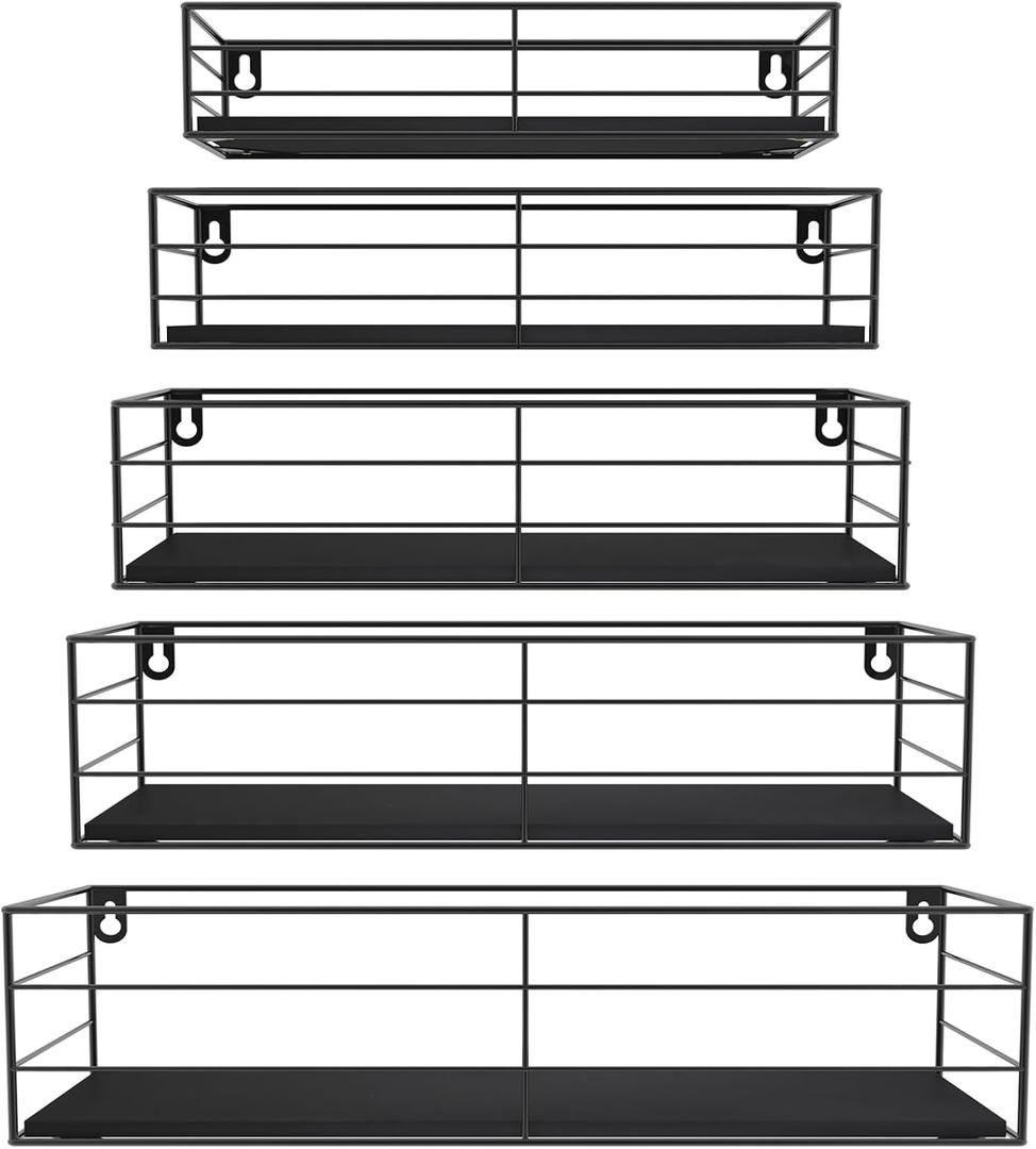 CRUGLA Floating Shelves Wall Mounted Set of 5, Black Hanging Storage Wall Shelf for Bathroom, Kitchen, Bedroom, Living Room Home Decor