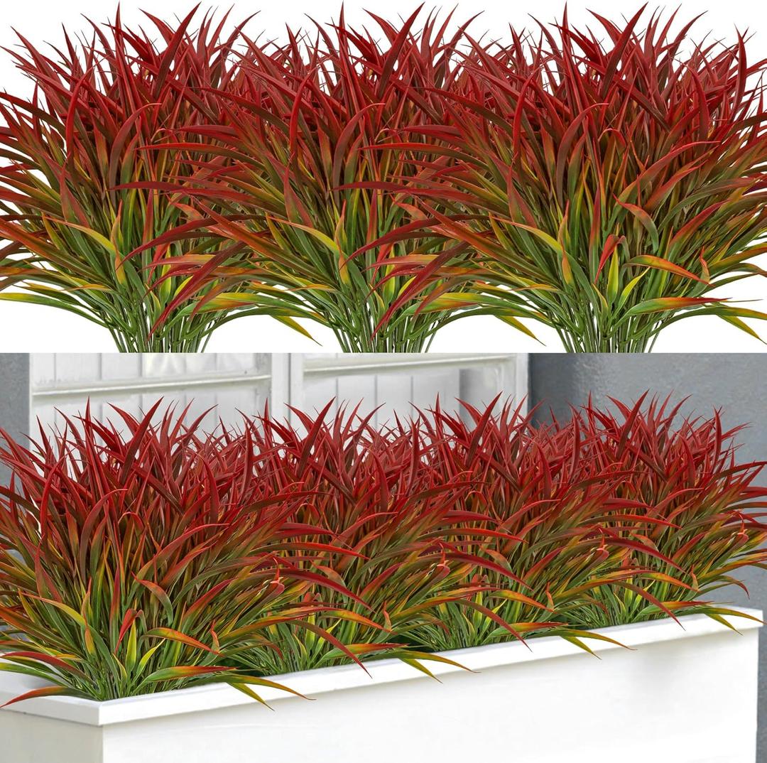 16 Bundles Artificial Plants Outdoor Fake Grass Greenery Stems UV Resistant Faux Plastic Plants Shrubs for Spring Summer Home Garden Pathway Window Box Front Porch Decor, Red