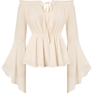 Women's Renaissance Peasant Blouse Medieval Victorian Off Shoulder Long Sleeve Shirt Beige 2XL