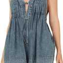 Womens Casual Sleeveless Denim Short Jumpsuit High Waist V-Neck Tie Front Washed Jean Romper with Pocket (S)