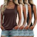Riyiper 4 Pack Summer Women's Tank Tops Multipack Sleeveless Shirts Loose Fit Square Neck Tanks (Medium, Black, White, Cream, Brown)