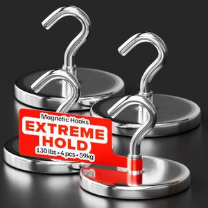 Magnetic Hooks 130 LBS (Pack of 4 Silver) - Heavy Duty Neodymium Hooks for Outdoor & Backyard Use - Strong Rare Earth Magnets for Cruise Cabins - Magnetic Hooks for Kitchen & Refrigerators