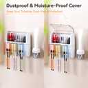 Toothbrush Holder Wall Mounted with Automatic Toothpaste Dispenser, Dustproof Flip Cover and Inverted Cup Slots, Multi-Functional No-Drill Bathroom Organizer for Family, Space Saver (3 Cups)