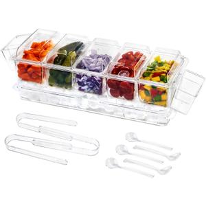 Chilled Condiment Server | Taco Bar Serving Set for Party | Chilled Condiment Tray with Lid and 5 Removable Compartments