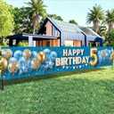 5th Happy Birthday Banner Blue Gold Birthday Backdrop Balloons Stars Confetti 118x20 inches Fun Party Decor Supplies for 5th Birthday Celebration Photo Backdrop Wall Hanging Decoration