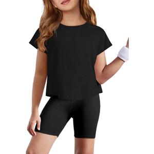 ZDC Girls Athletic Yoga Shirts Summer Short Sleeve Quick Dry Crop Tops Basic Gym Tees 5-14 Years (Black)