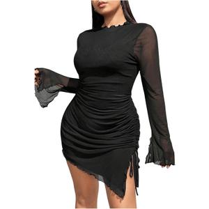 Women's 2025 Plus Size Bodycon Dresses Long Bell Sleeve Fall Dress Mesh Sheer Ruched Party Club Mini Dresses (X-Large Plus, Black)