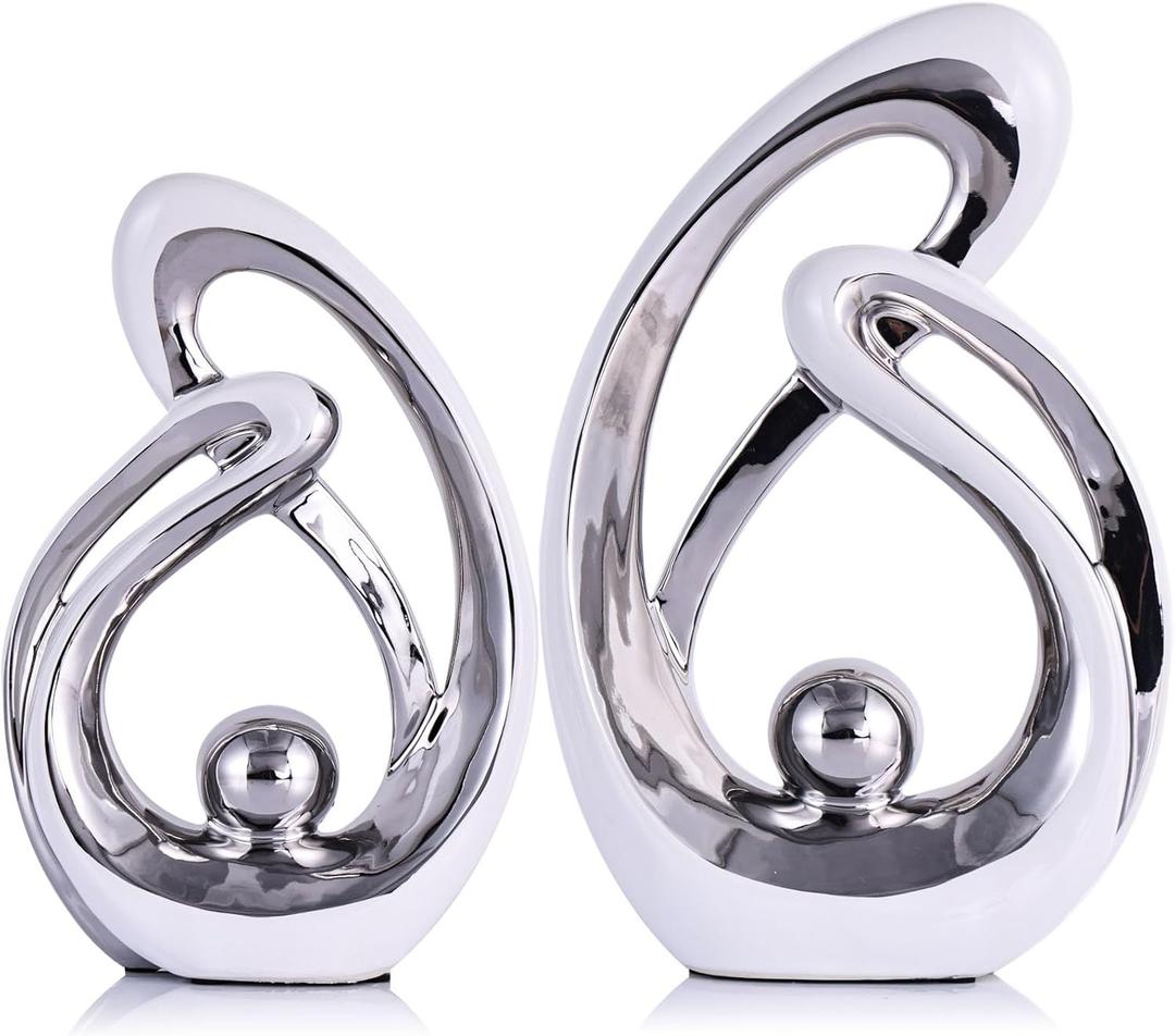 Home Decor Accent,Porcelain Art Mid Century Bookshelf Decorations,Gold Centerpieces for Tables,Abstract Ceramic Statue Sculpture for Coffee Table Mantel Tv Stand Centerpieces (White Silver, Large)