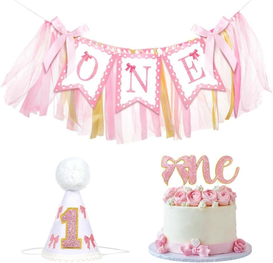 3PCS Pink Bow 1st Birthday Highchair Decorations for Baby Girl Pink Bow 1st Birthday Highchair Banner One Cake Topper Hat for Princess Fairy Girls Just Wanna Be One Party Supplies