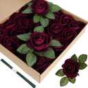 Burgundy Artificial Flowers Velvet Roses 25 PCS Real Look Silk Flowers with Stems for DIY Wedding Party Baby Shower Home Decoration(Burgundy)