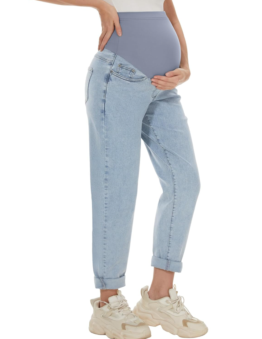 Maternity Boyfriend Jeans High Waisted Stretchy Denim Pregnancy Pants with 4 Pockets L