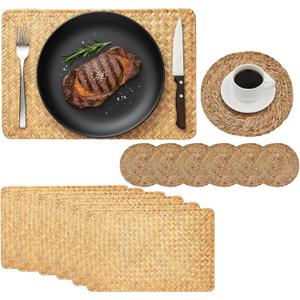 6 Pack Woven Placemats, Hand-Woven Natural Wicker Table Mats, Heat-Resistant, Includes 6 Coasters, Decorative Table Mats for Dining Table, Home, Wedding(15.7x10.2 Inch)