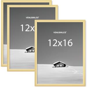 Venusmiles 12x16 Picture Frame, Display 12x16 Photo Frames - High Definition Plexiglass - Vertical and Horizontal Display - Wall Hanging or Table Top Frame - Gold, 3 Pack