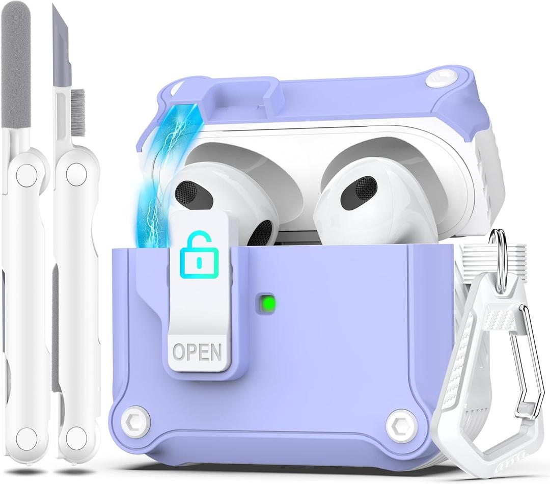 R-fun for AirPods 3rd Generation 2021 Charging Case Cover, Full Drop Protection Auto Pop-Up Lid Design for Apple Airpod 3 Gen Case with Cleaner Kit & Keychain, White/ Lavender