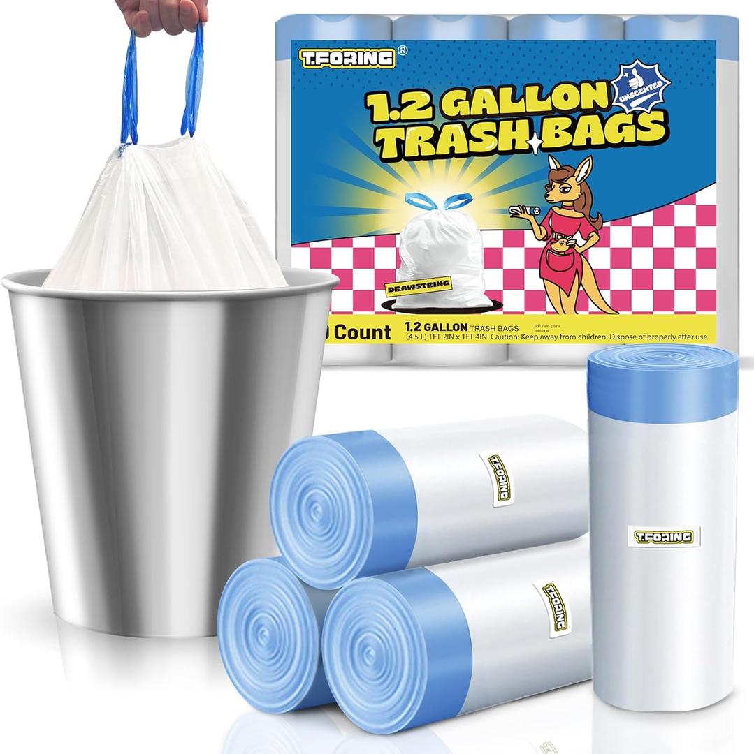 T.FORING 4 Gallon Trash Bags with Drawstring - 120 Count Heavy Duty 1.2 Mil Garbage Bags 38 Liter Unscented White Kitchen Bin Liners for Home & Office