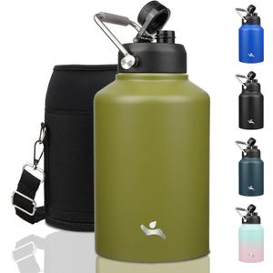 Konokyo 1 Gallon Jug with Handle,128 oz Insulated Water Bottle with Carrying Pouch, Double Wall Vacuum Stainless Steel Metal Bottle,Forest Green
