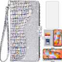 Asuwish Phone Case for Samsung Galaxy A11/M11 Wallet Cover with Tempered Glass Screen Protector and Wrist Strap Flip Card Holder Bling Glitter Stand Cell Glaxay A 11 Gaxaly 11A Women Girls Silver