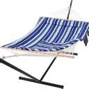 SUNCREAT Double Hammock with Stand, Two Person Cotton Rope Hammock, Blue Stripe