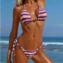 GORGLITTER Women's Striped String Halter Bikini Sets Triangle Beaded Thong Cheeky Swimsuits Cute Resort Bathing Suit (L)
