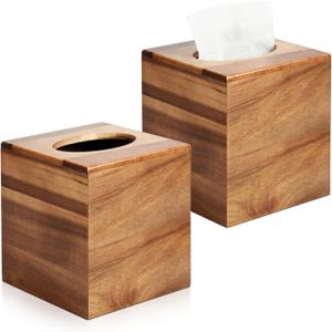2 Pack Wooden Tissue Box Cover Bulk Square - Acacia Wood Tissue Box Holder for Tabletop Stands Bathroom Office- Decorative Facial Wood Tissue Box Cover for Modern Farmhouse Decor (Brown)