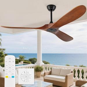 60 Inch Outdoor Ceiling Fan no Light,Solid Wood Ceiling Fan Without Lights with Remote Control/Wall Control Switch,Large 3 Blades Outdoor Walnut Propeller for Patio,Porch,Living Room,Bedroom