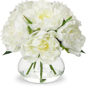 Hollyone Fake Flowers White Peonies Artificial Flowers Faux Flowers with Vase Peony Silk Flower Arrangements in Glass Vase with Faux Water for Home Decor Bathroom Table Centerpiece Shelf Decorations, Peony, White
