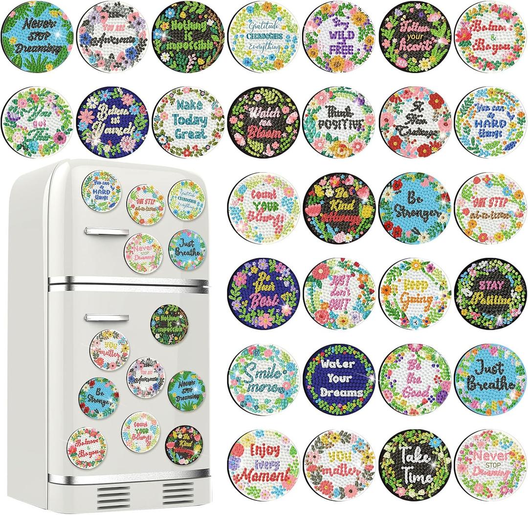 Motipuns 30 Pcs Inspirational Falower Diamond Art Kits Magnetic Motivational Diamond Painting Magnets Kits Positive Affirmation 5d DIY Fridge Magnet Refrigerator Sticker for Adult Beginners Home