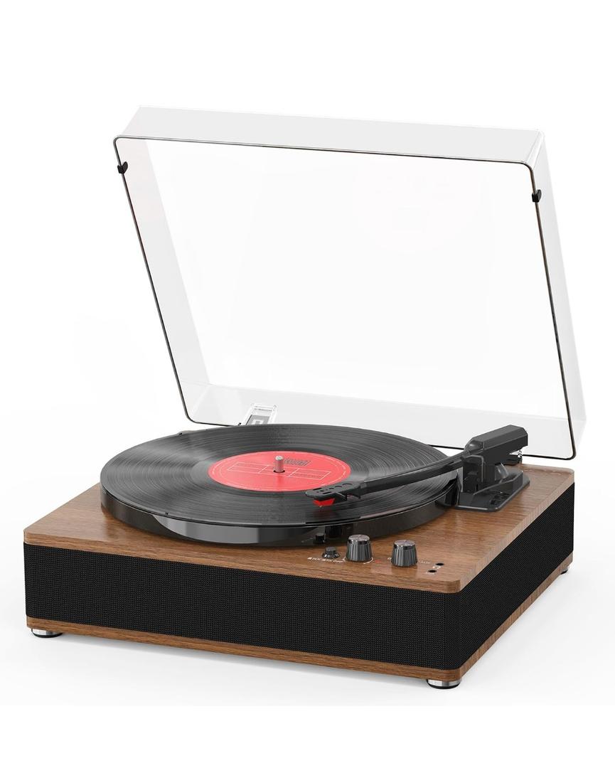 3-Speed Vinyl Record Player Sleek Bluetooth Turntable Full-Size Platter with Bluetooth Input/Output, Built-in Speakers, Counterweight & Auto-Stop with RCA/AUX Out, Tan