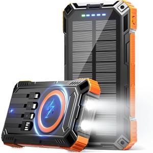 Solar Power Bank 49800mAh Wireless Portable Charger with USB-C 15W Fast Charging with 4 Built-in Cables LED Flashlight Battery Pack Compatible with iPhone, iPad, Smartphone, Perfect for Camping, Hiking (Orange)