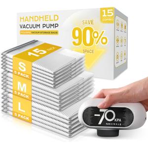 15 Pack Travel Vacuum Bags with Electric Pump, 70KPa Vacuum Storage Bags for Clothing, Reusable Space Saver Bags for Suitcase, Travel & Home Storage, Alpine White