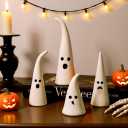 Halloween Decor Ceramic Ghost: 4 pcs Cute Halloween Decorations Indoor, Rustic Witch Hat Shape Ghost Figurine, Farmhouse Table Desk Tiered Tray Mantel Fireplace Decor for Kids Home Office